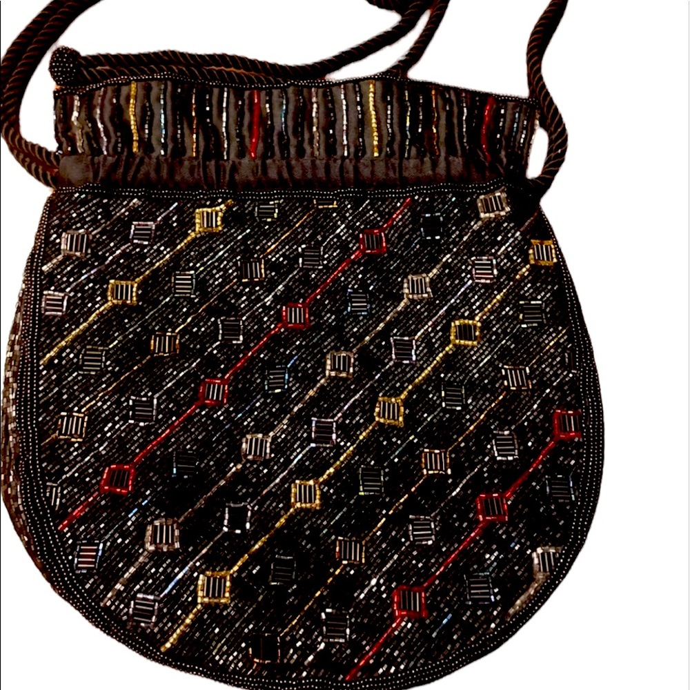 SOLD Nina Ricci Vintage Beaded Drawstring Satchel Purse Black with Multi Color